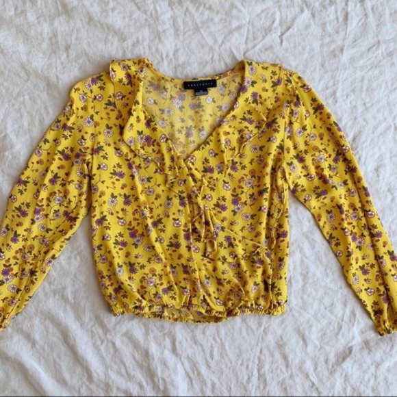 Sanctuary Tops - Sanctuary yellow floral print ruffle long sleeve v neck cropped wrap blouse